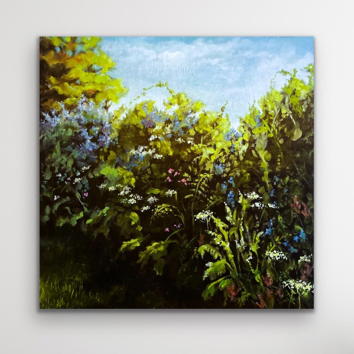 New Forest - Wild Garden Hedgerow, landscape, nature, floral - Painting by Nicky Bramble