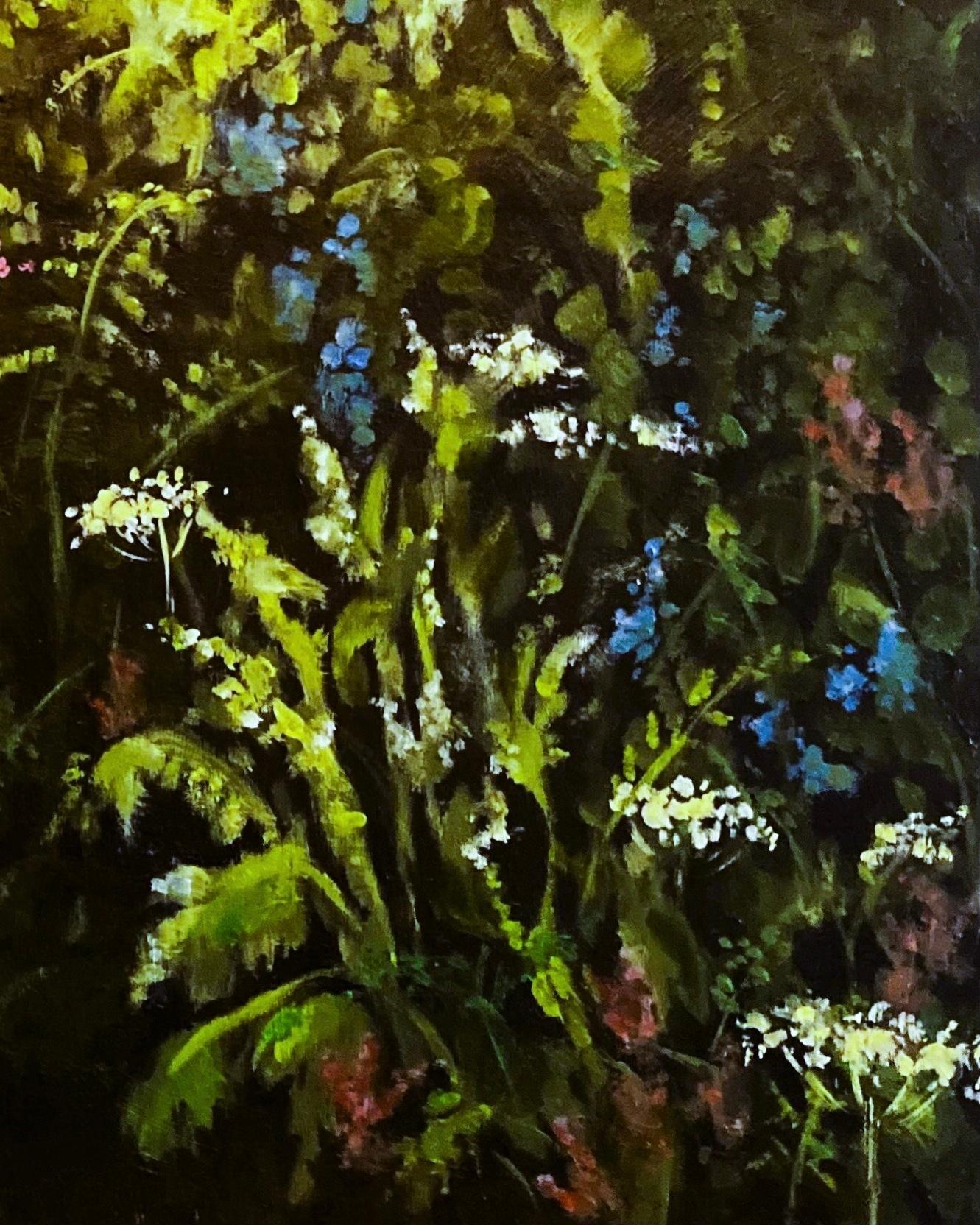 New Forest - Wild Garden Hedgerow, landscape, nature, floral - Impressionist Painting by Nicky Bramble