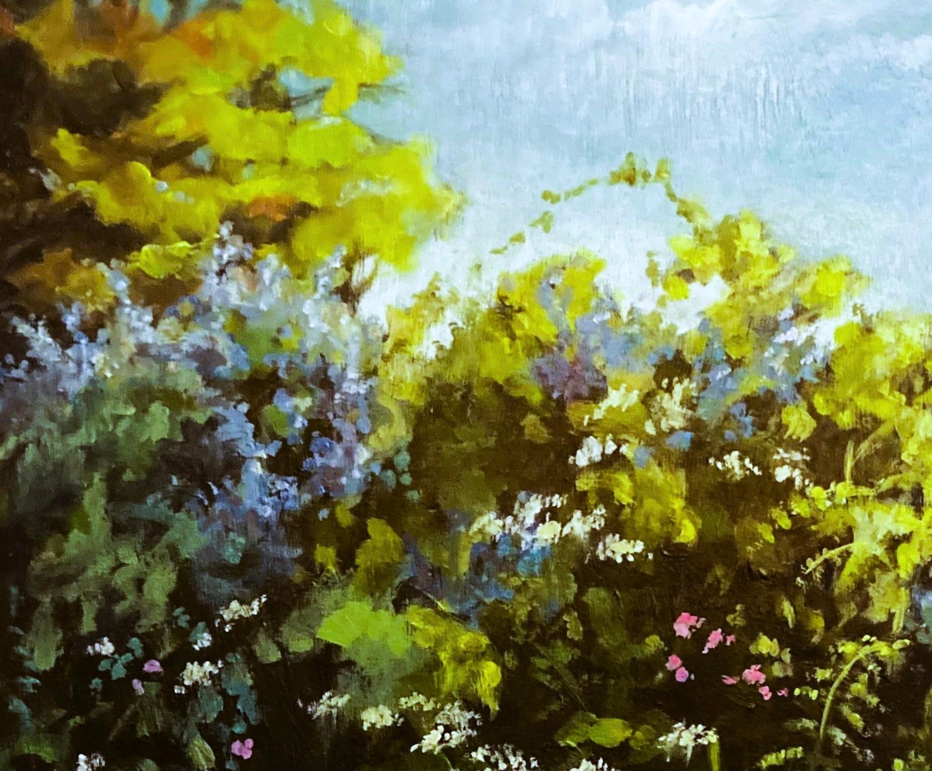 New Forest - Wild Garden Hedgerow, landscape, nature, floral - Black Landscape Painting by Nicky Bramble