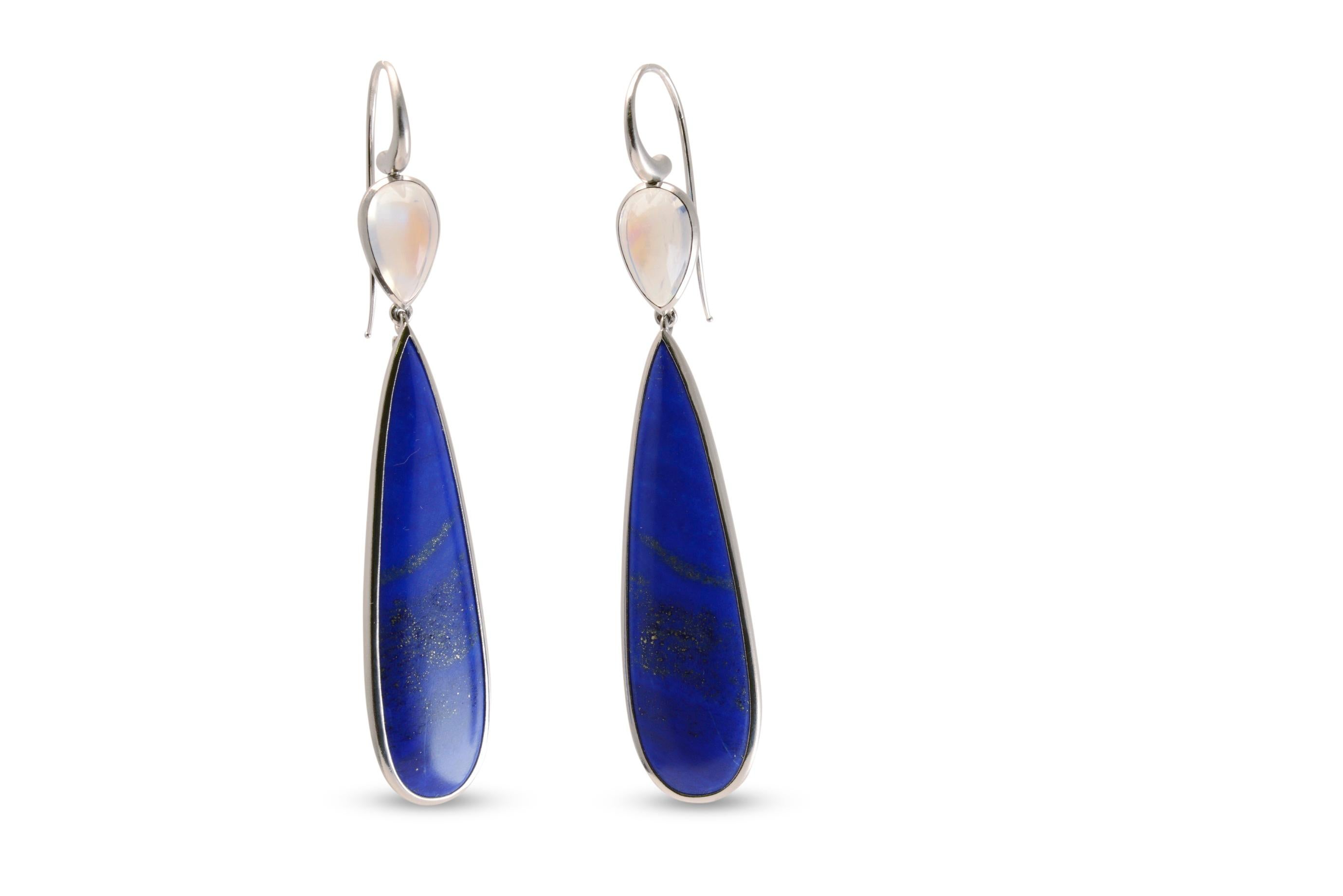 Modern 44 Carat Lapis Lazuli and Moonstone Drop Earrings in Platinum For Sale