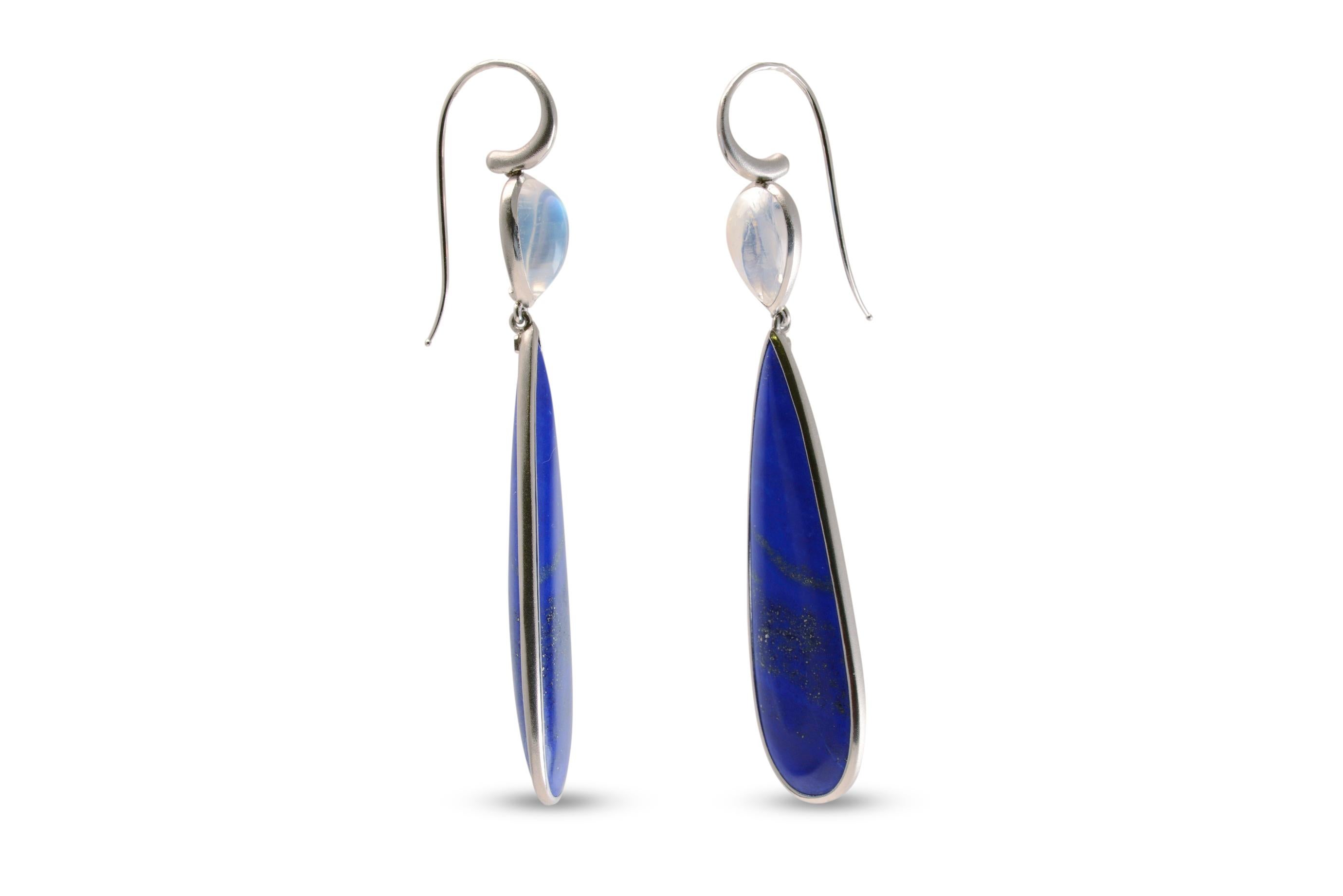 Pear Cut 44 Carat Lapis Lazuli and Moonstone Drop Earrings in Platinum For Sale