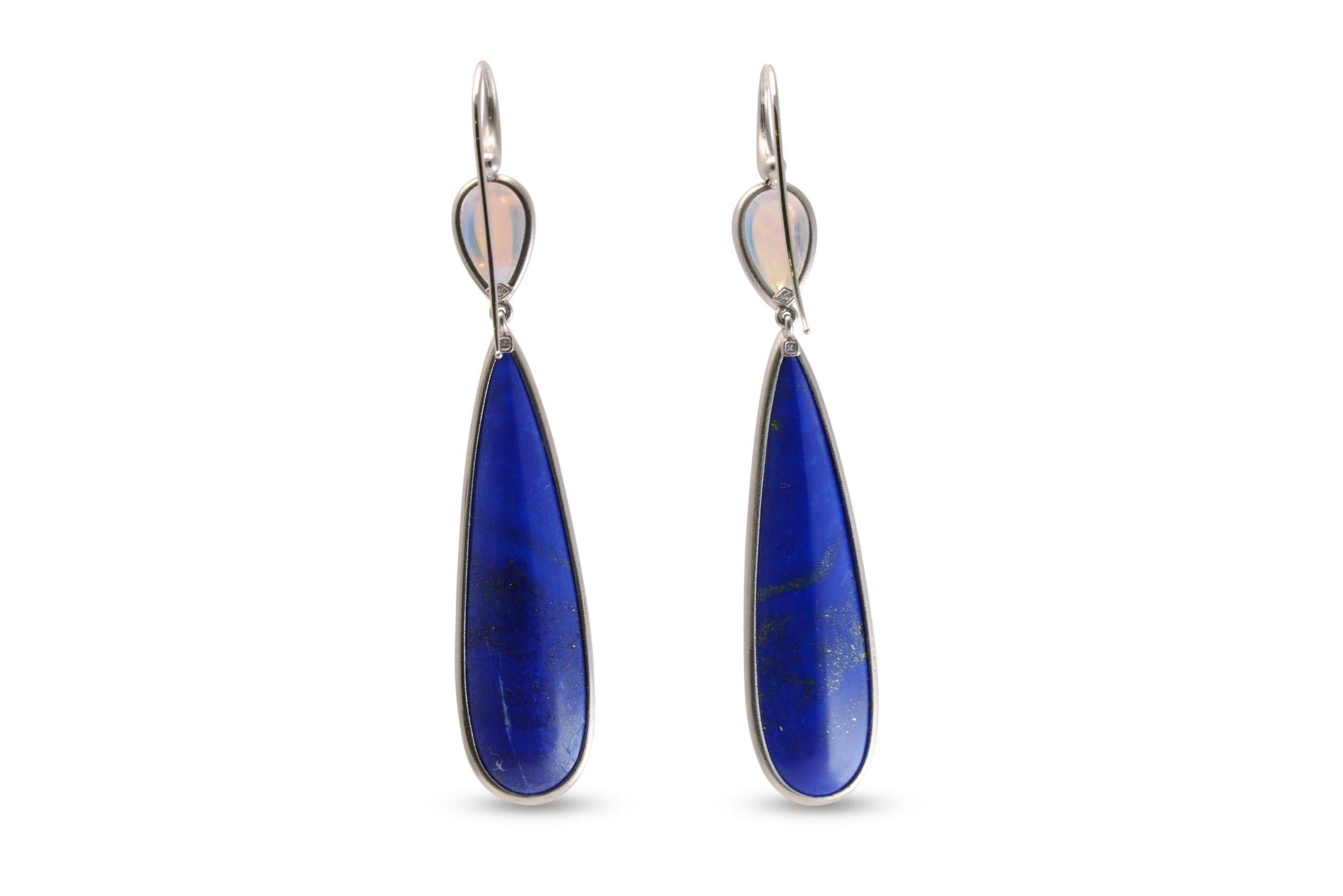 Women's 44 Carat Lapis Lazuli and Moonstone Drop Earrings in Platinum For Sale