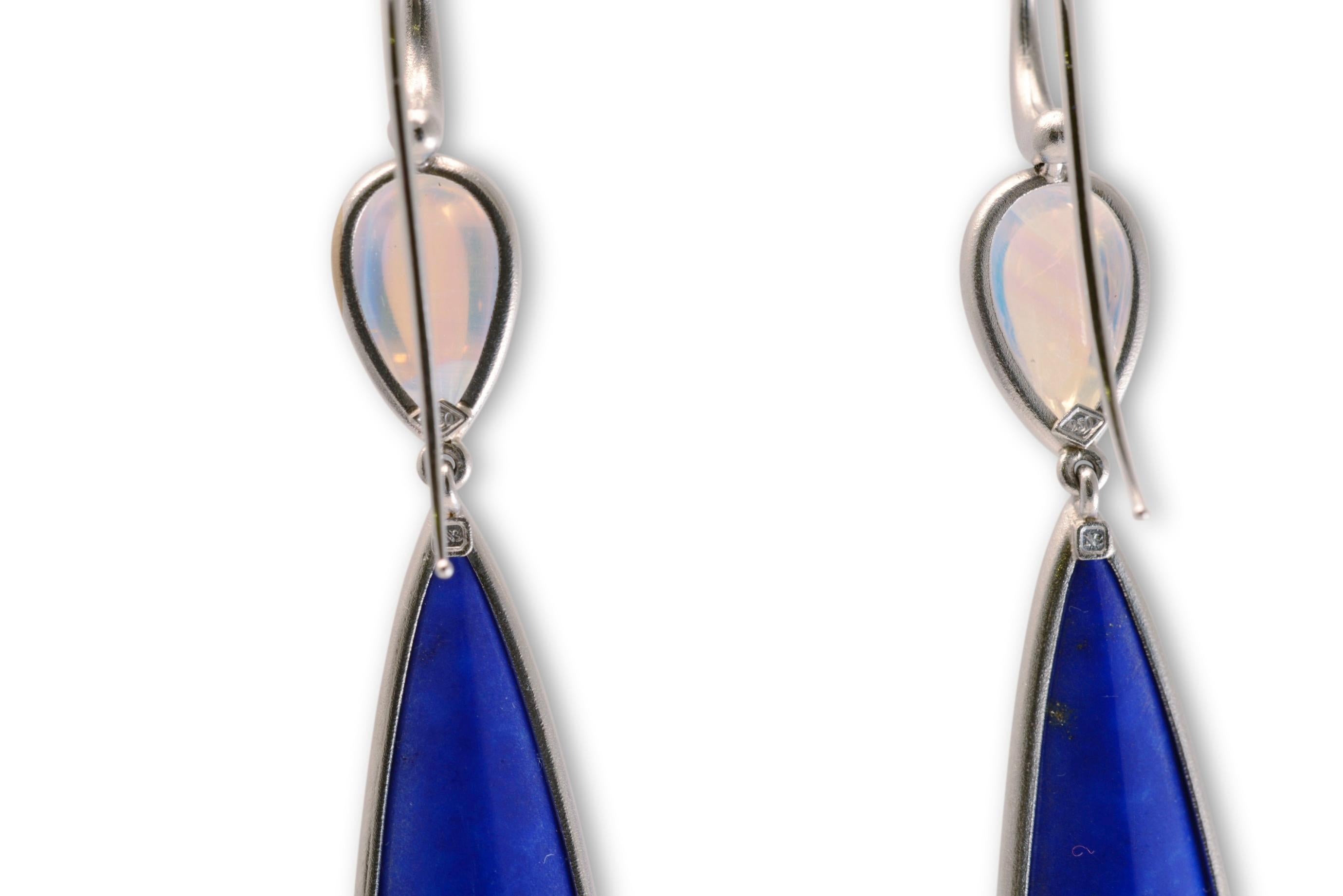 44 Carat Lapis Lazuli and Moonstone Drop Earrings in Platinum For Sale 1