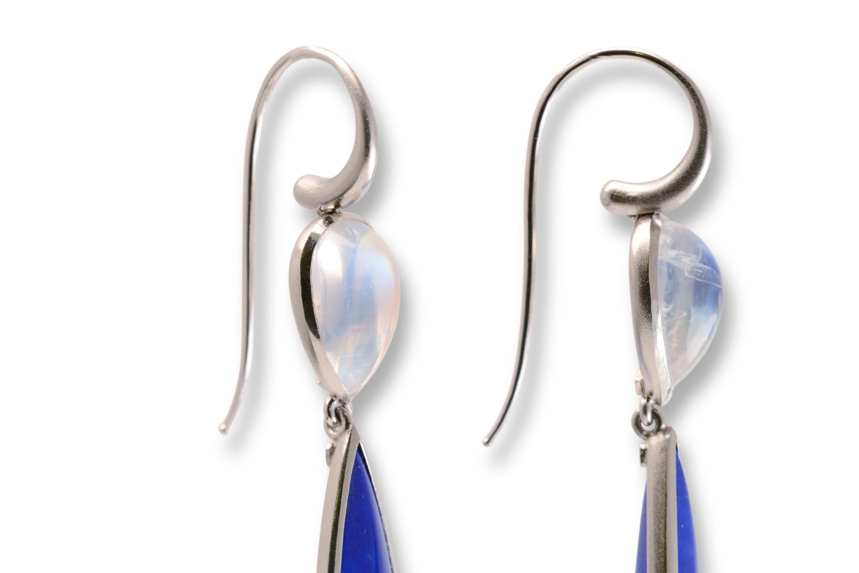 44 Carat Lapis Lazuli and Moonstone Drop Earrings in Platinum For Sale 2