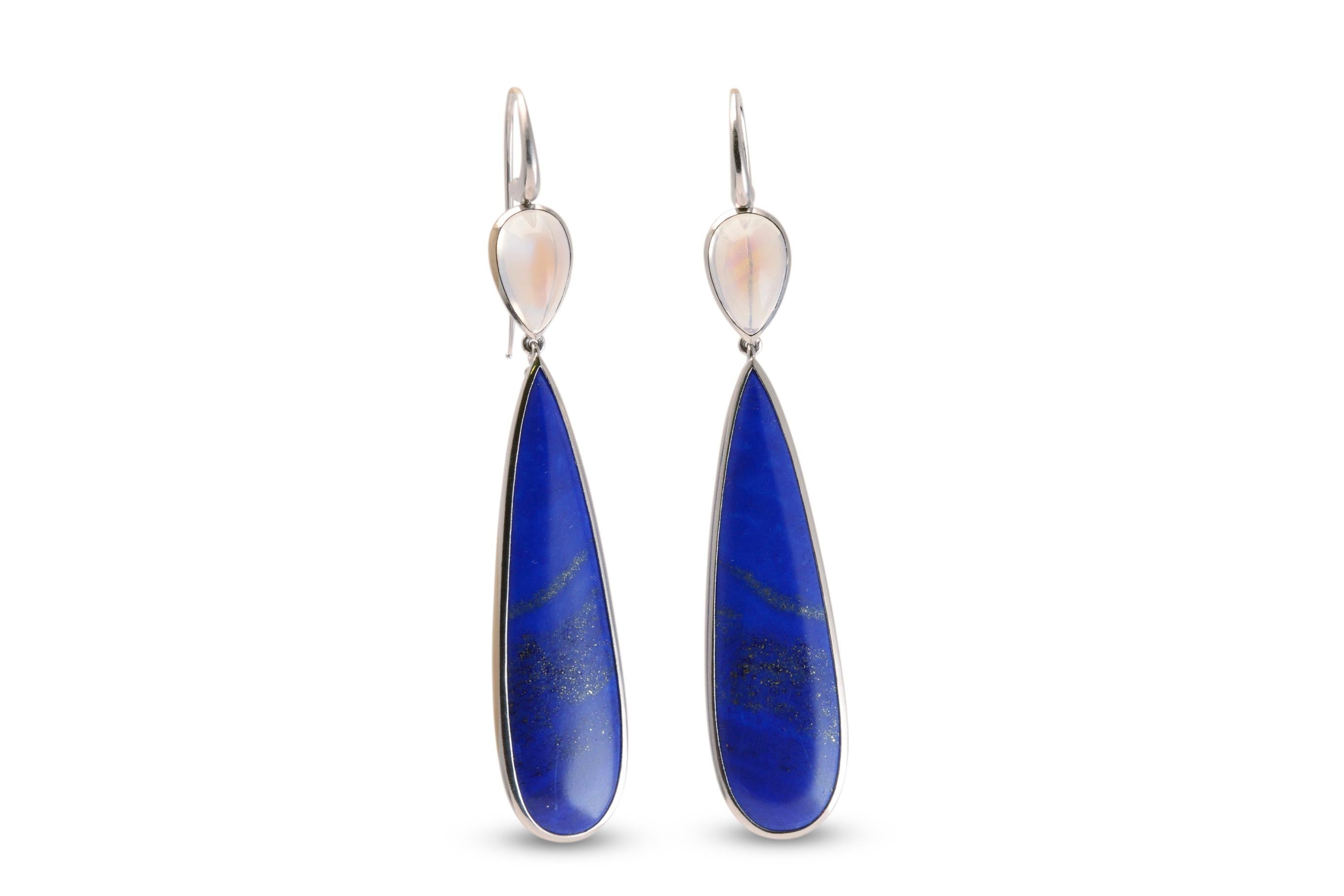 44 Carat Lapis Lazuli and Moonstone Drop Earrings in Platinum For Sale 3