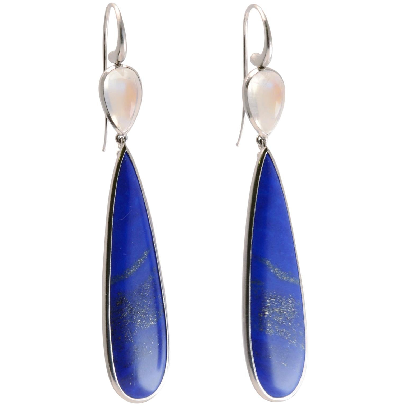 44 Carat Lapis Lazuli and Moonstone Drop Earrings in Platinum For Sale