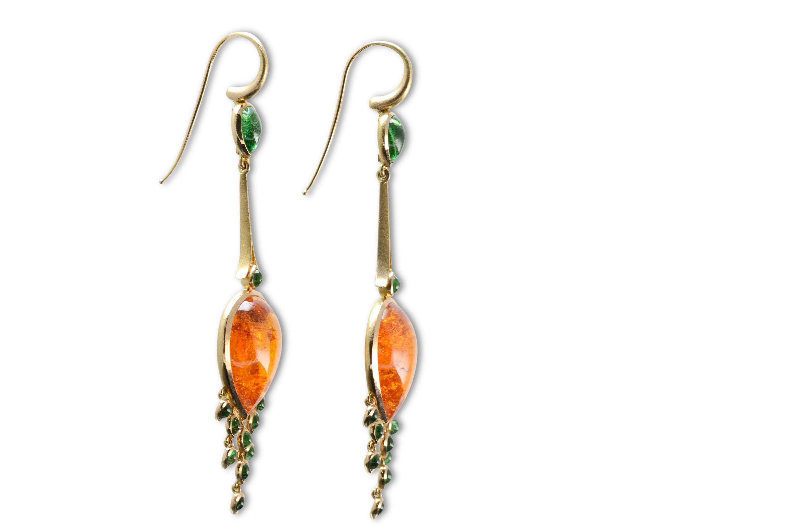 Pear Cut Mandarin and Tsavorite Garnet Chandelier Earrings in 18 Karat Gold For Sale