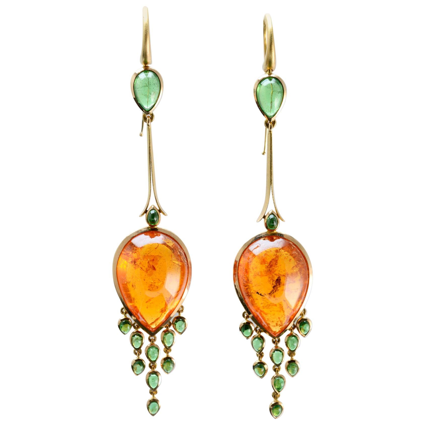 Mandarin and Tsavorite Garnet Chandelier Earrings in 18 Karat Gold For Sale