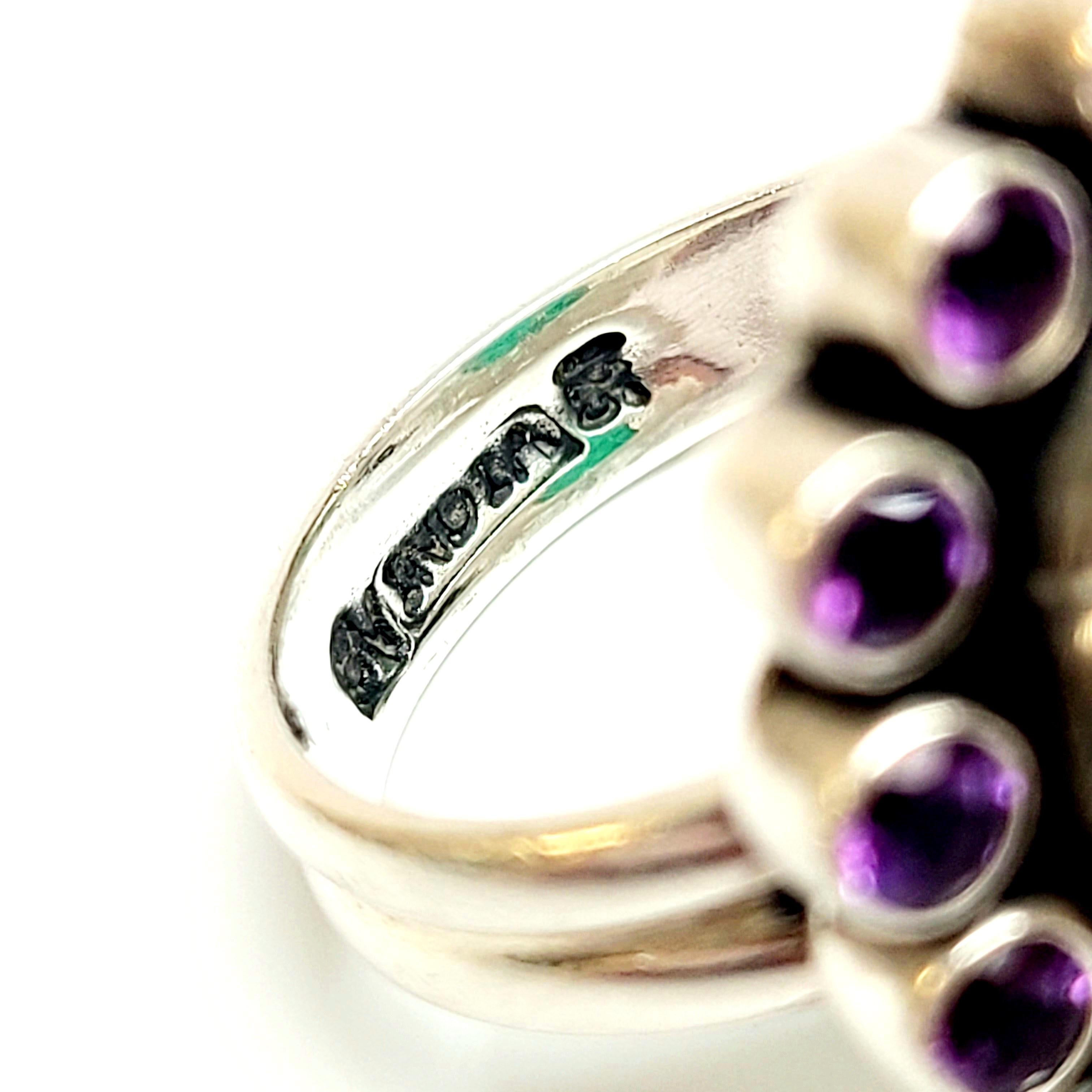 Nicky Butler sterling silver, green chalcedony and purple amethyst ring.

Size 7

This is a limited edition piece from Nicky Butler's collection featuring a checkerboard faceted green chalcedony stone surrounded by round bezel set amethyst stones.