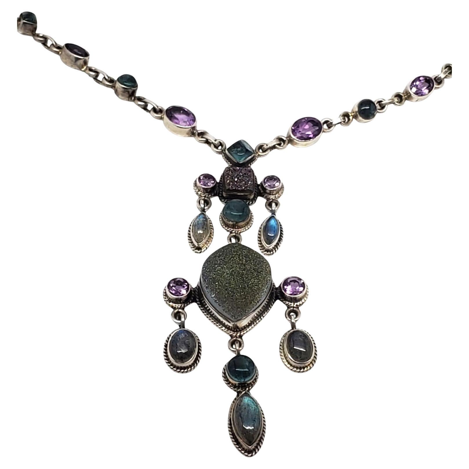 Nicky Butler Sterling Silver Multi Gemstone Drop  Pendant Y Necklace # 19581