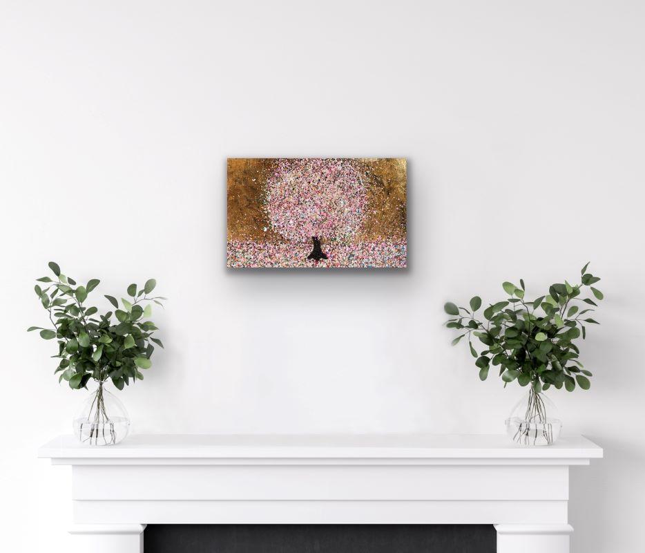 Blossom with teal and mustard, landscape, original, textured, affordable - Brown Landscape Painting by Nicky Chubb