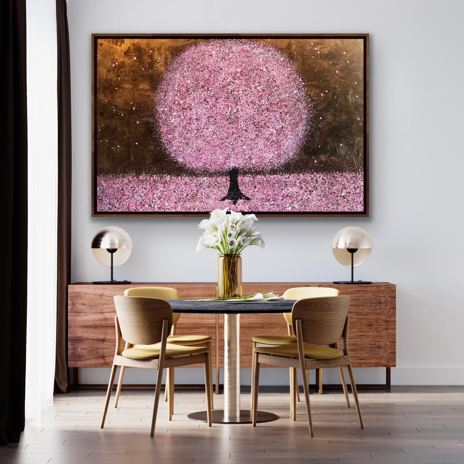 Blossoming in Spring, Goldbaumkunst, Rosa Kirschblütenblüten-Landschaftsgemälde – Painting von Nicky Chubb