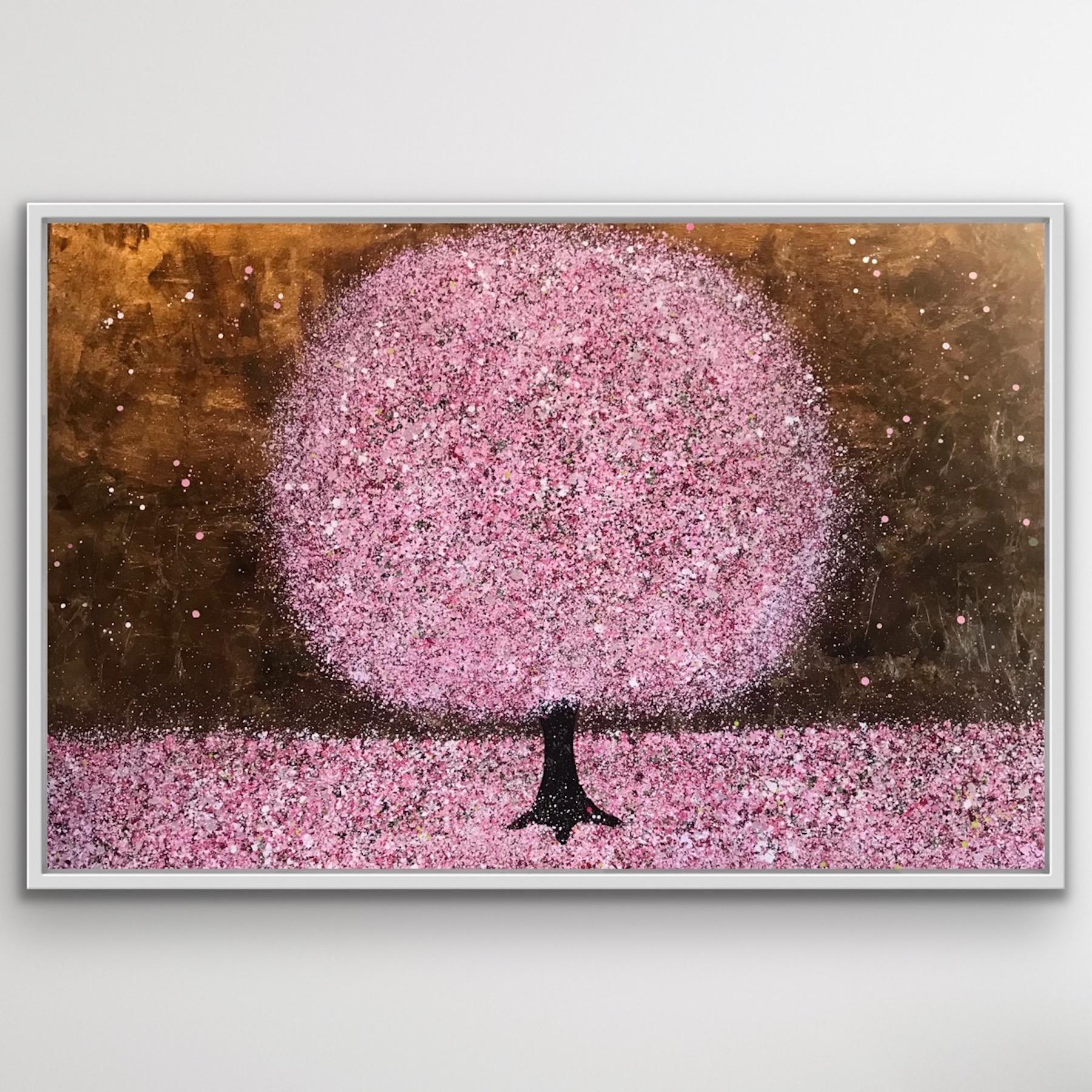 Blossoming in Spring, Goldbaumkunst, Rosa Kirschblütenblüten-Landschaftsgemälde (Abstrakt), Painting, von Nicky Chubb