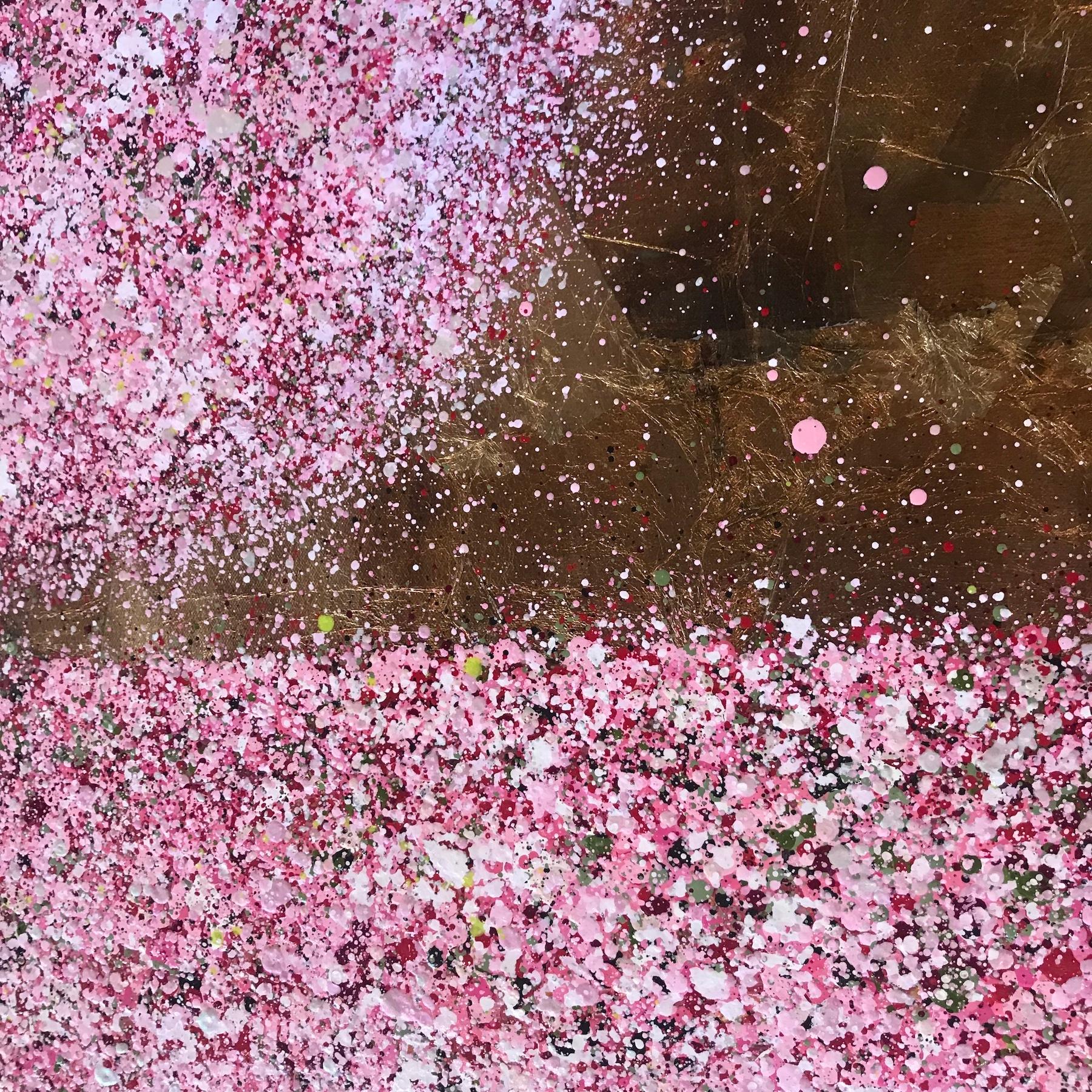 Blossoming in Spring, Goldbaumkunst, Rosa Kirschblütenblüten-Landschaftsgemälde im Angebot 2