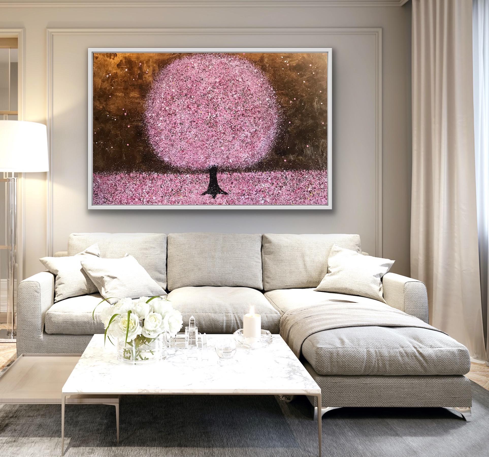 Blossoming in Spring, Gold Tree Art, Pink Cherry Blossom Landscape Painting For Sale 7