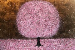 Blossoming in Spring, Goldbaumkunst, Rosa Kirschblütenblüten-Landschaftsgemälde