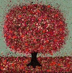 Cerise and Duck Egg de Nicky Chubb, art semi-abstraite contemporain, paysage d'arbre 