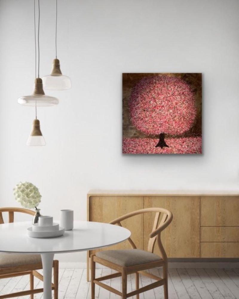 Cherry Blossom and a Golden Sunset, Original colourful painting of a tree For Sale 1