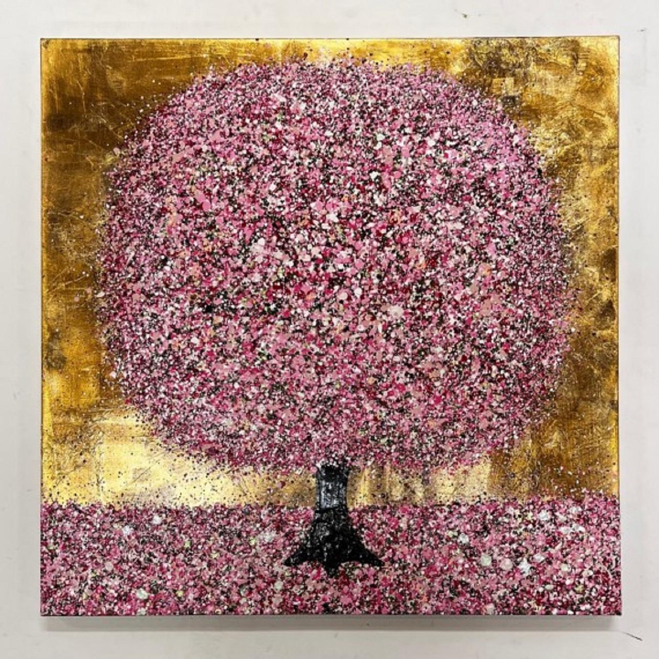Nicky Chubb Abstract Painting - Cherry Blossom and a Golden Sunset, Original colourful painting of a tree