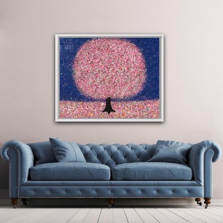 CHERRY BLOSSOM AND MOONLIGHT - Brown Landscape Painting by Nicky Chubb
