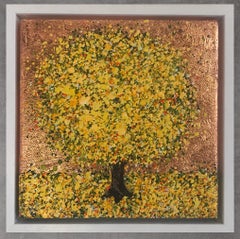 Albero del sole in rame, Pittura originale, Paesaggio, Arte dell'albero, Arte testuale