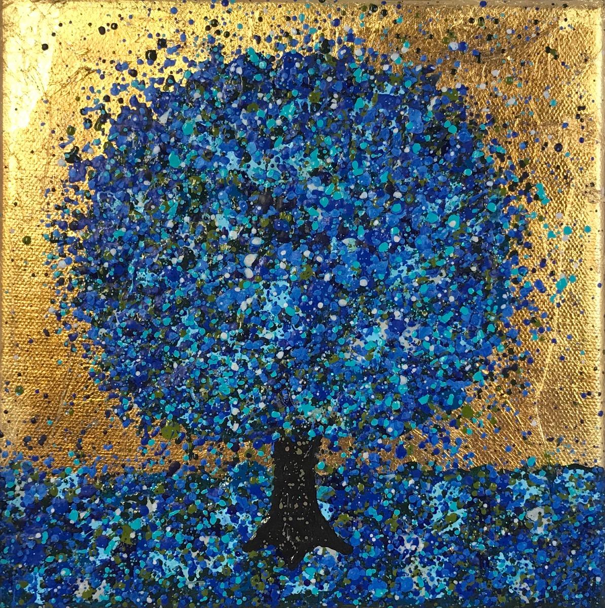 Pequeño árbol zafiro, Pintura original, Paisaje, Arte azul, Arte textural - Painting Contemporáneo de Nicky Chubb