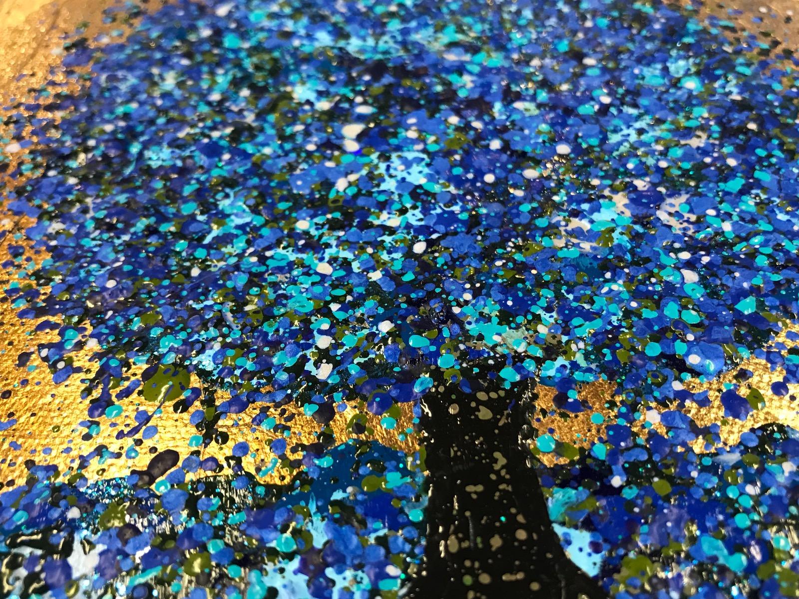 Pequeño árbol zafiro, Pintura original, Paisaje, Arte azul, Arte textural 2