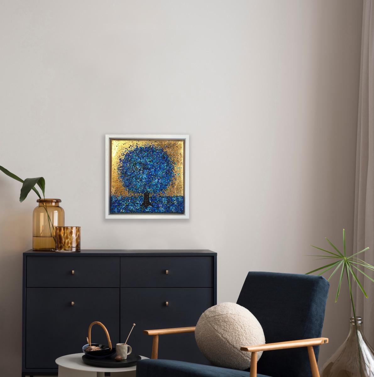 Pequeño árbol zafiro, Pintura original, Paisaje, Arte azul, Arte textural 4