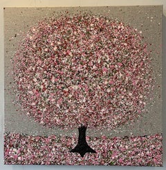 Pink Blossom On Linen II, Nicky Chubb, Original Floral Artwork, Affordable Art