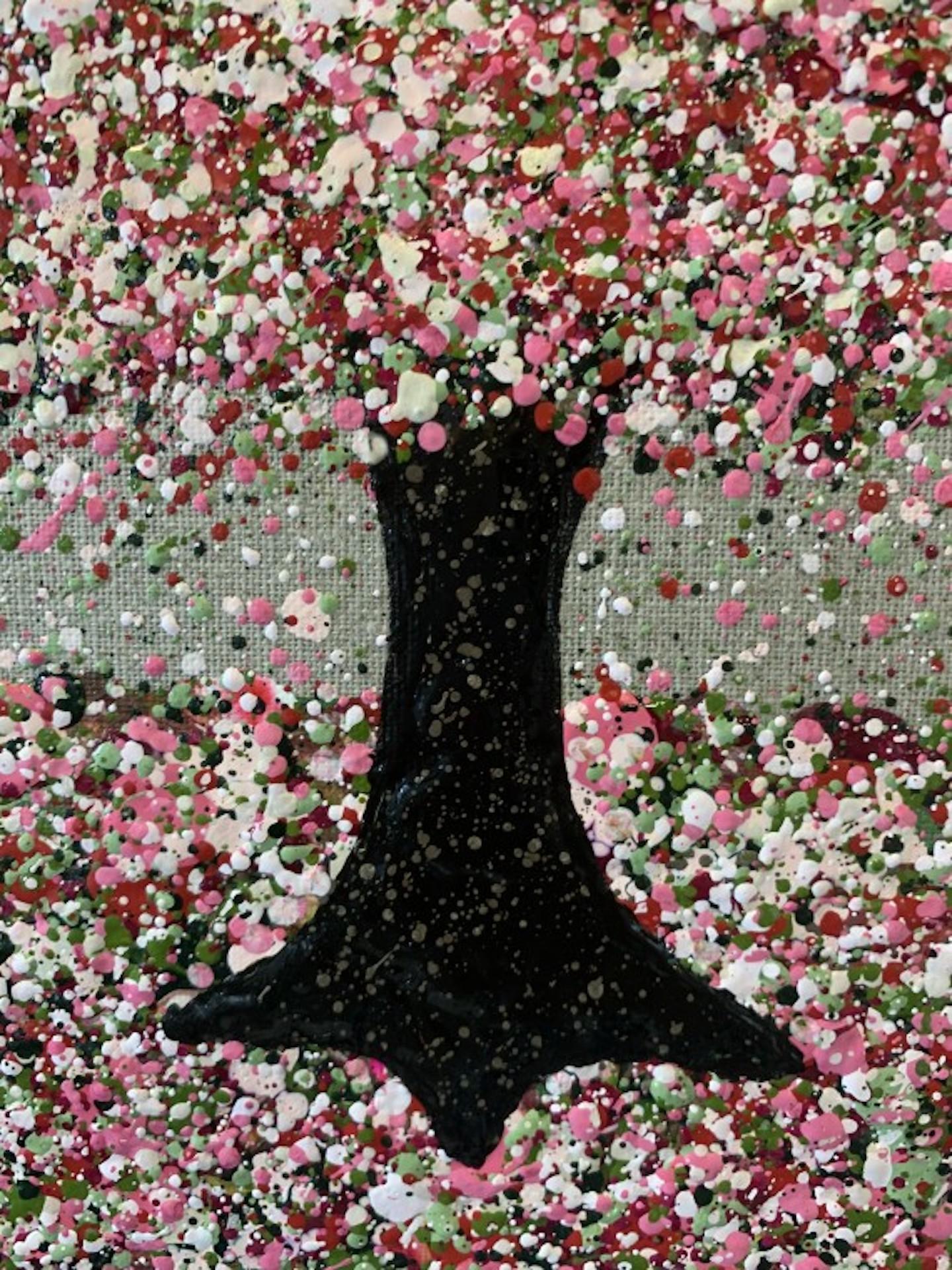 Pink Blossom On Linen II, Nicky Chubb, Original Floral Artwork, Affordable Art For Sale 1