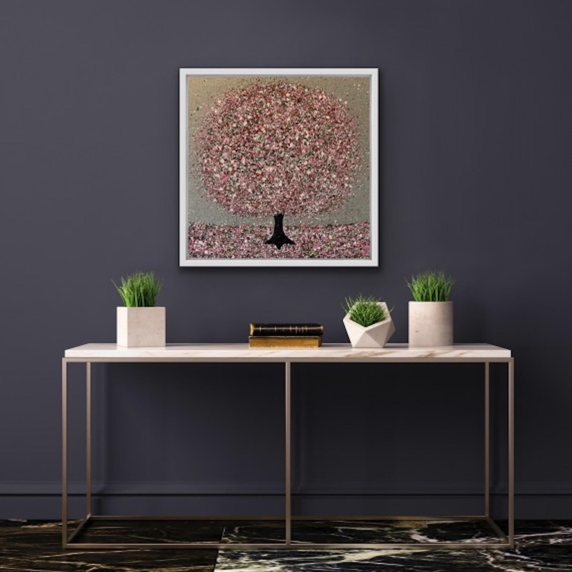 Pink Blossom On Linen II, Nicky Chubb, Original Floral Artwork, Affordable Art For Sale 4