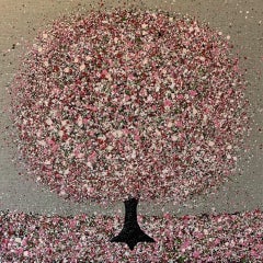 Pink Blossom On Linen II, Nicky Chubb, Original Floral Artwork, Affordable Art