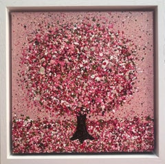 Felicità rosa, Quadro originale, Paesaggio, Albero rosa, Arte rosa, Arte materica
