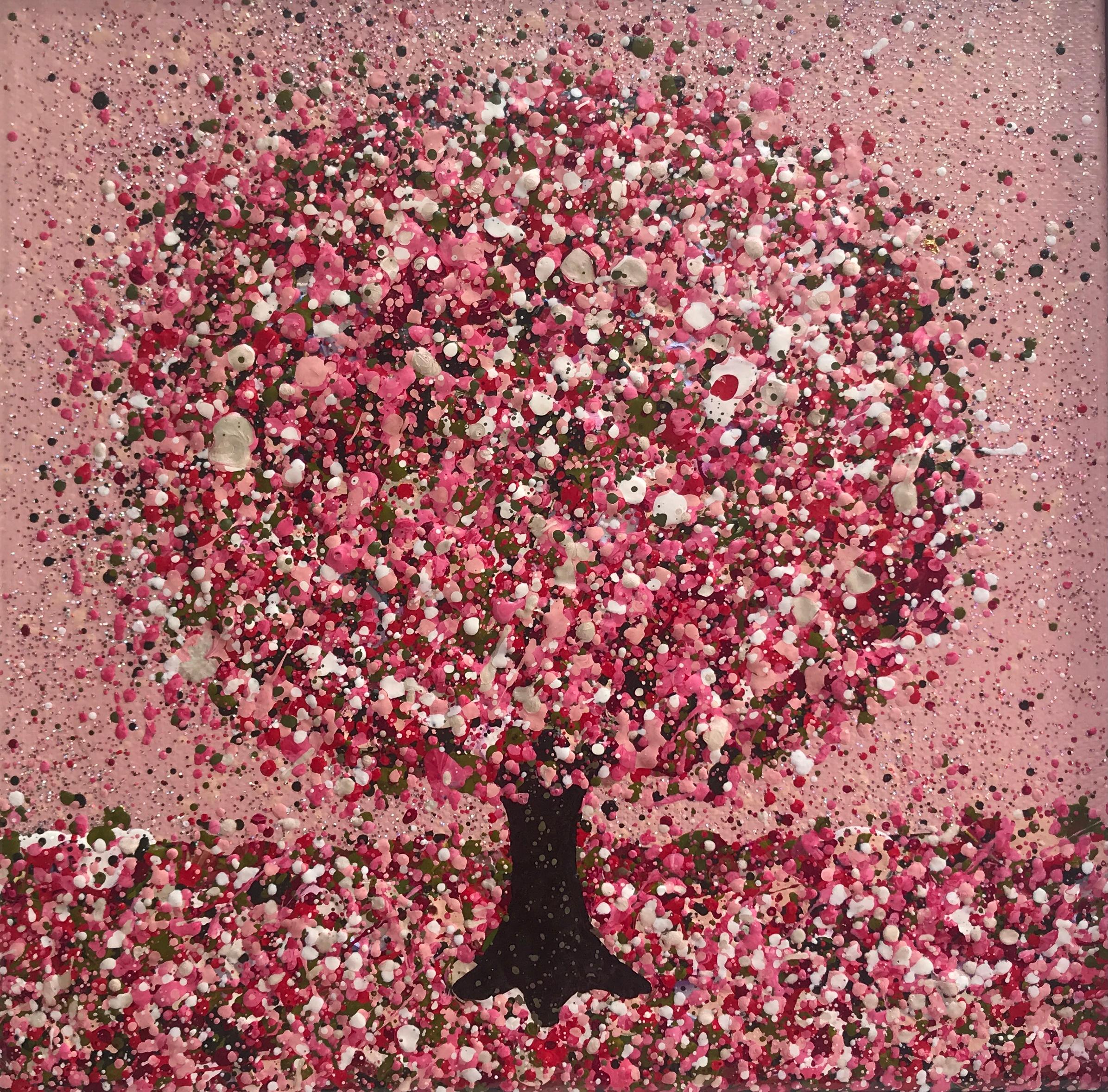 Pink Happiness, Original painting, Landscape, Pink tree, Pink Art, Textural art - Contemporary Painting by Nicky Chubb