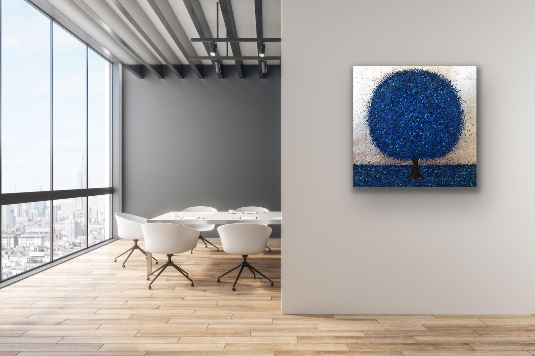 Peinture originale « Serene Blue II », peinture de paysage, peinture d'arbre en vente 1