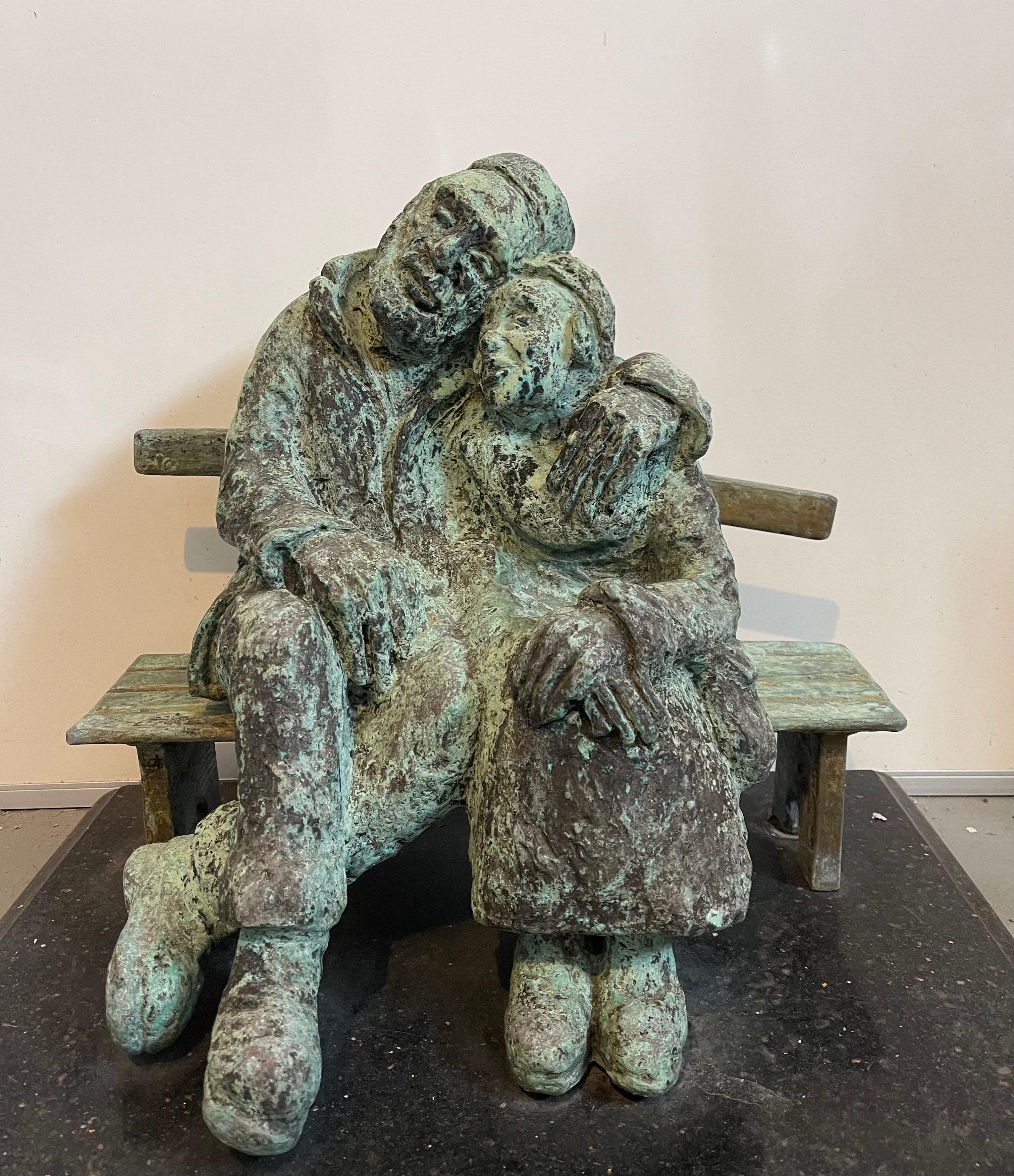 Heavy Bronze Sculpture Austrian Israeli judaica Jewish Couple Bench Nicky Imber For Sale 9