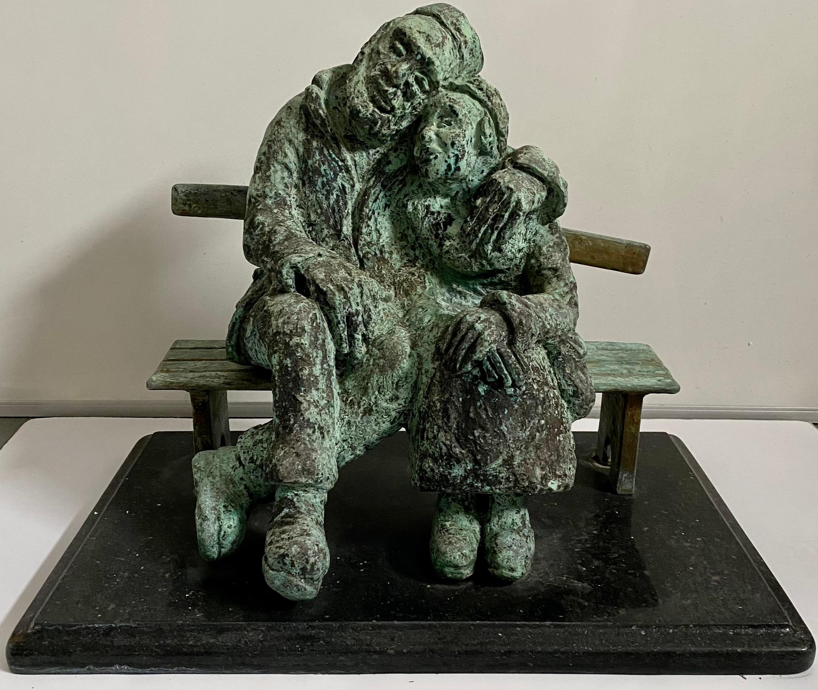 Heavy Bronze Sculpture Austrian Israeli judaica Jewish Couple Bench Nicky Imber For Sale 1