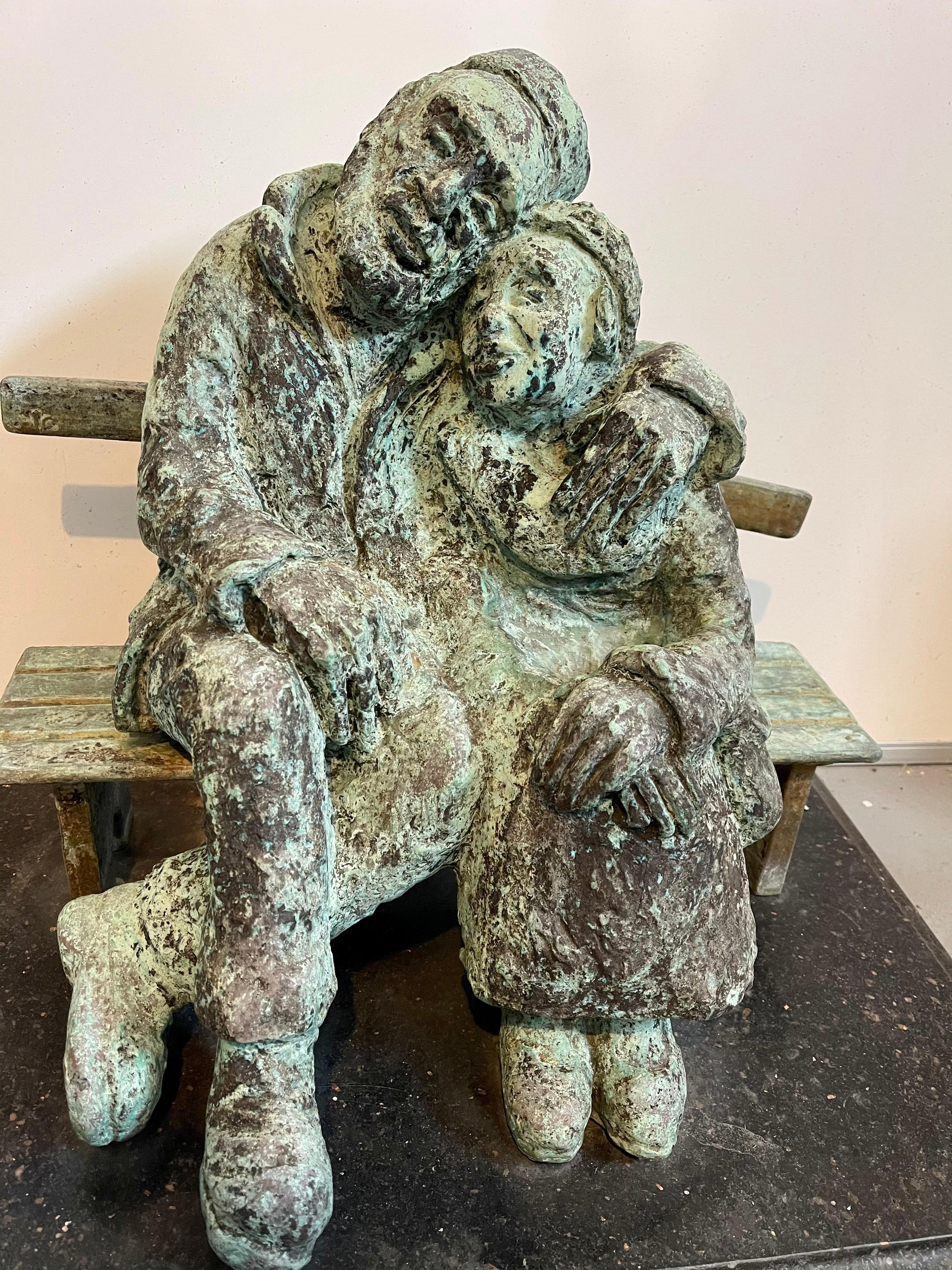 Heavy Bronze Sculpture Austrian Israeli judaica Jewish Couple Bench Nicky Imber For Sale 6