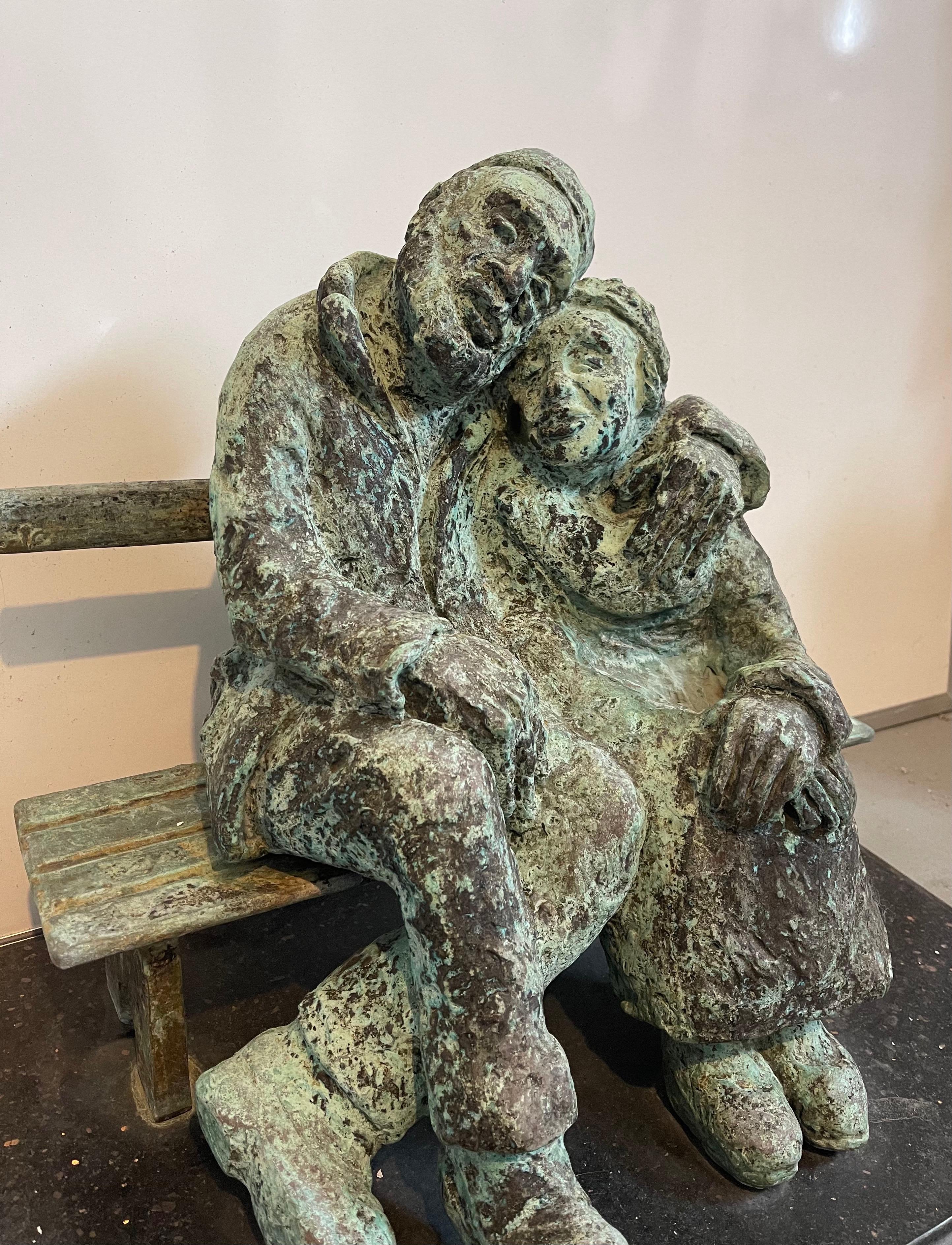 Heavy Bronze Sculpture Austrian Israeli judaica Jewish Couple Bench Nicky Imber For Sale 8