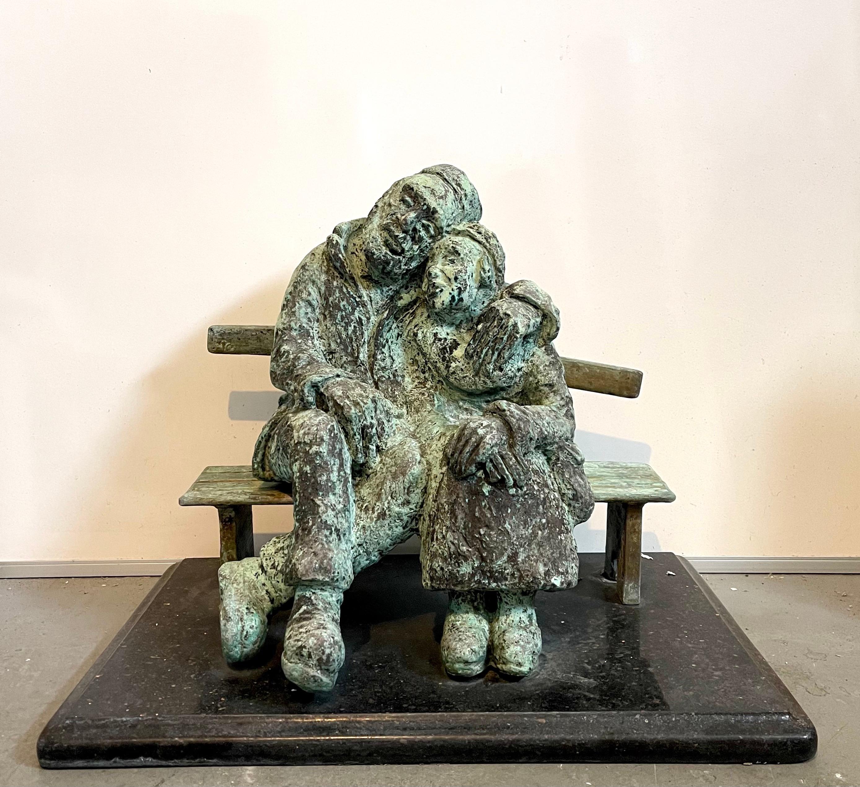 Heavy Bronze Sculpture Austrian Israeli judaica Jewish Couple Bench Nicky Imber 