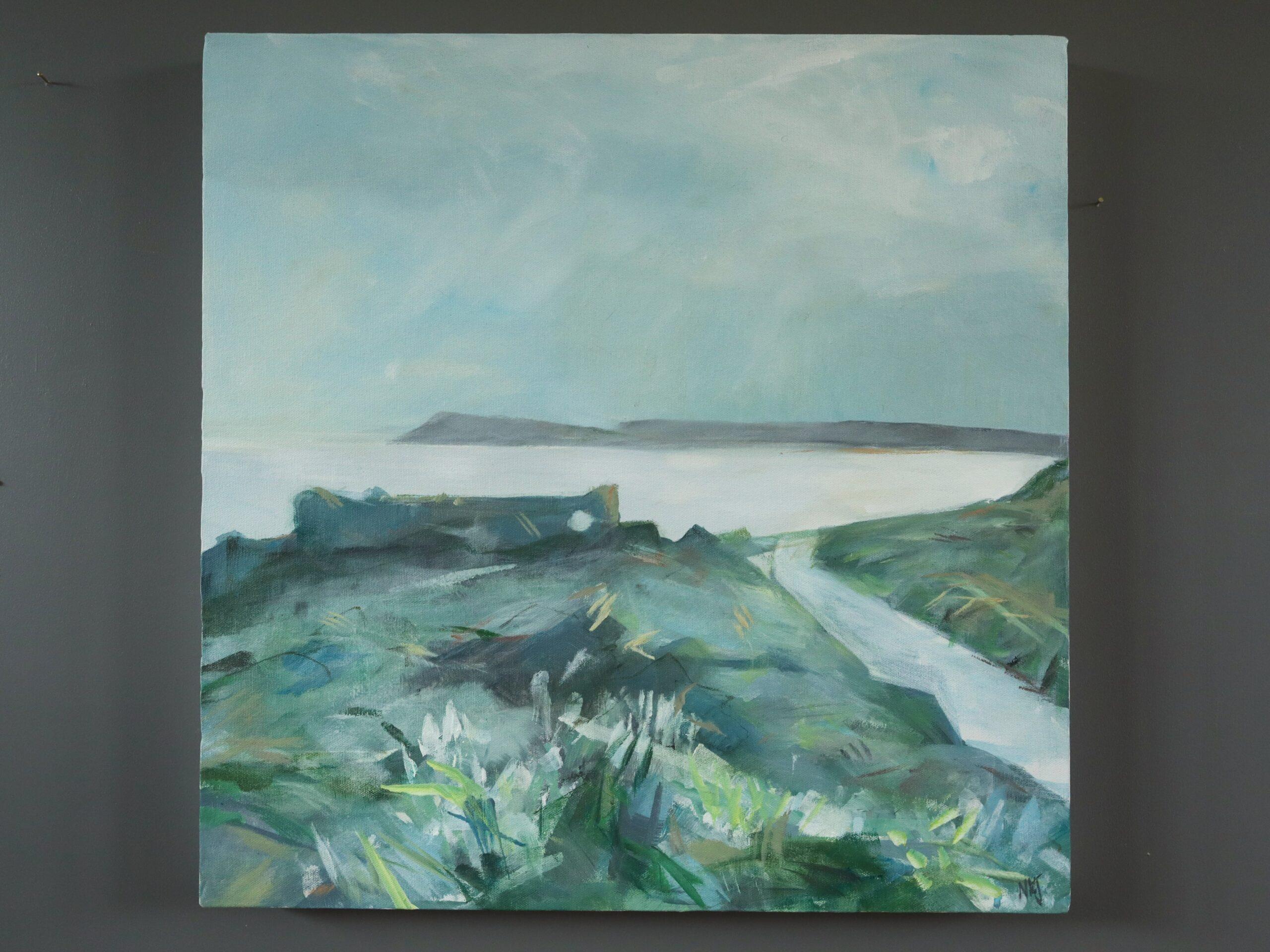 Contemporary Original British Coastal Landscape Acrylic Painting - Cornish Coast - Blue Landscape Painting by Nicky Knill Jones