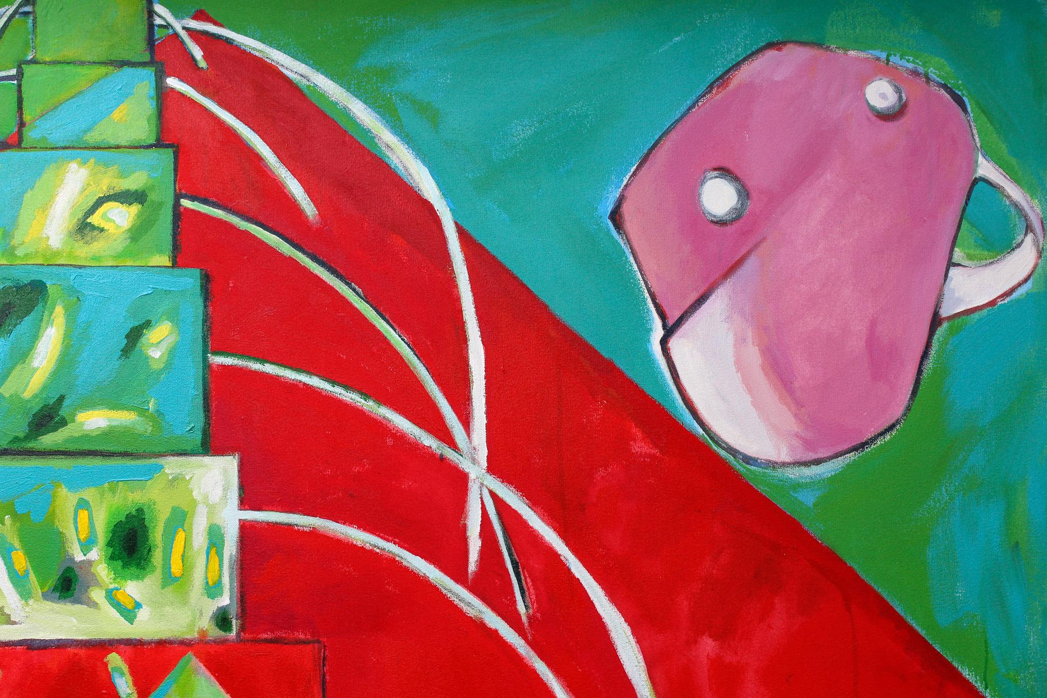 Casque de soudure rose d'Elisia, Nicky Marais, peinture acrylique sur toile - Bleu Abstract Painting par Nicky Marais 