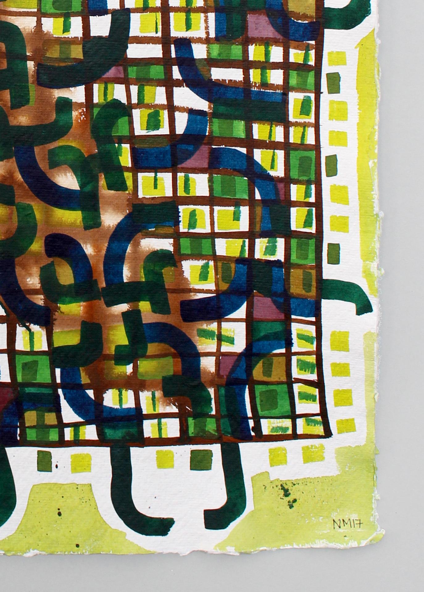 Grüne Blöcke, Nicky Marais, Tinte und Acrylfarbe auf Papier, abstrakt (Abstrakt), Art, von Nicky Marais 