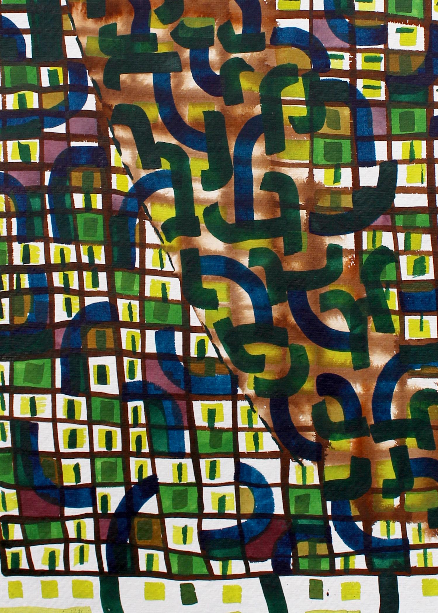 Green Blocks, Nicky Marais, Ink and acrylic paint on paper, abstract - Abstract Art by Nicky Marais 