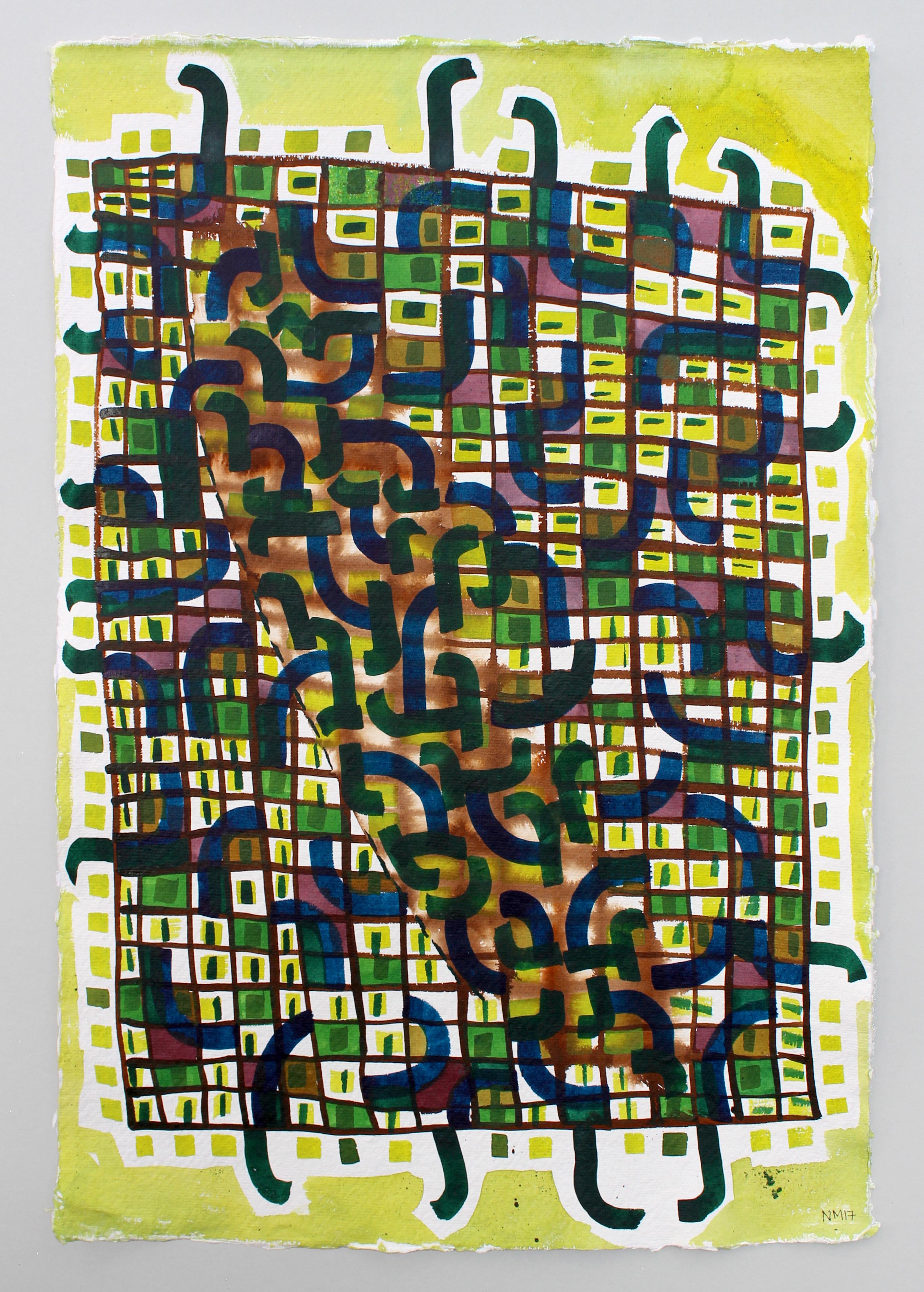 Grüne Blöcke, Nicky Marais, Tinte und Acrylfarbe auf Papier, abstrakt – Art von Nicky Marais 
