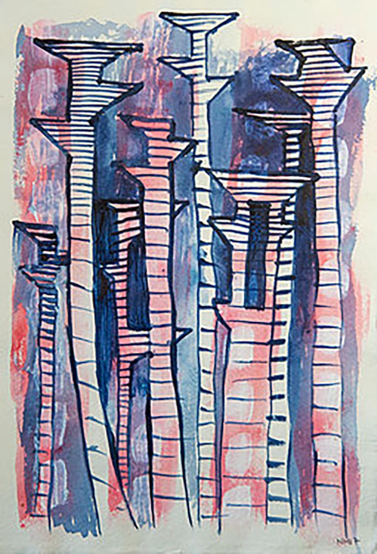 Pylons Marching 1 and 2, Nicky Marais, Acrylic and ink on paper, abstract  - Painting by Nicky Marais 