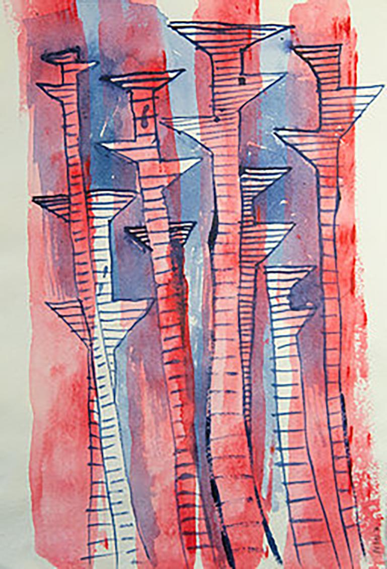 Pylons Marching 1 et 2, Nicky Marais, Acrylique et encre sur papier, abstrait  - Abstrait Painting par Nicky Marais 
