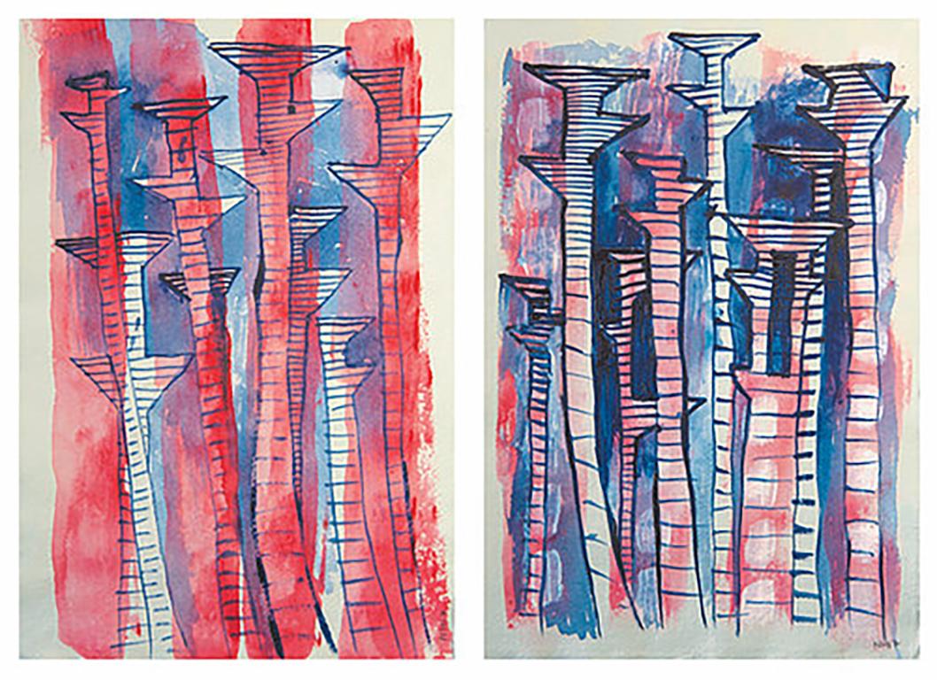 Abstract Painting Nicky Marais  - Pylons Marching 1 et 2, Nicky Marais, Acrylique et encre sur papier, abstrait 