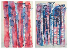 Pylons Marching 1 and 2, Nicky Marais, Acrylic and ink on paper, abstract 