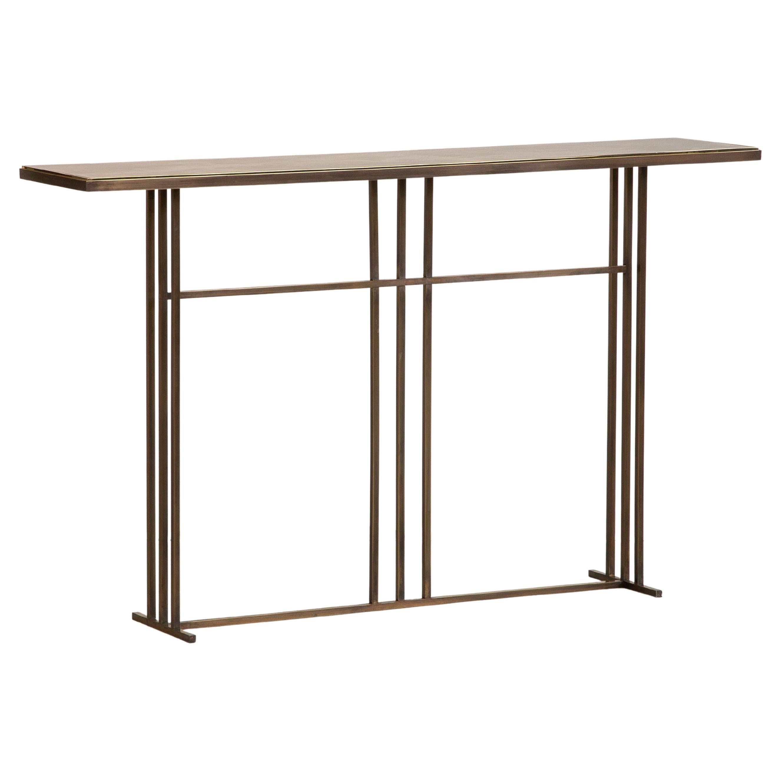 Nico Console Table  — Large — Patinated Brass Frame — Patinated Brass Top